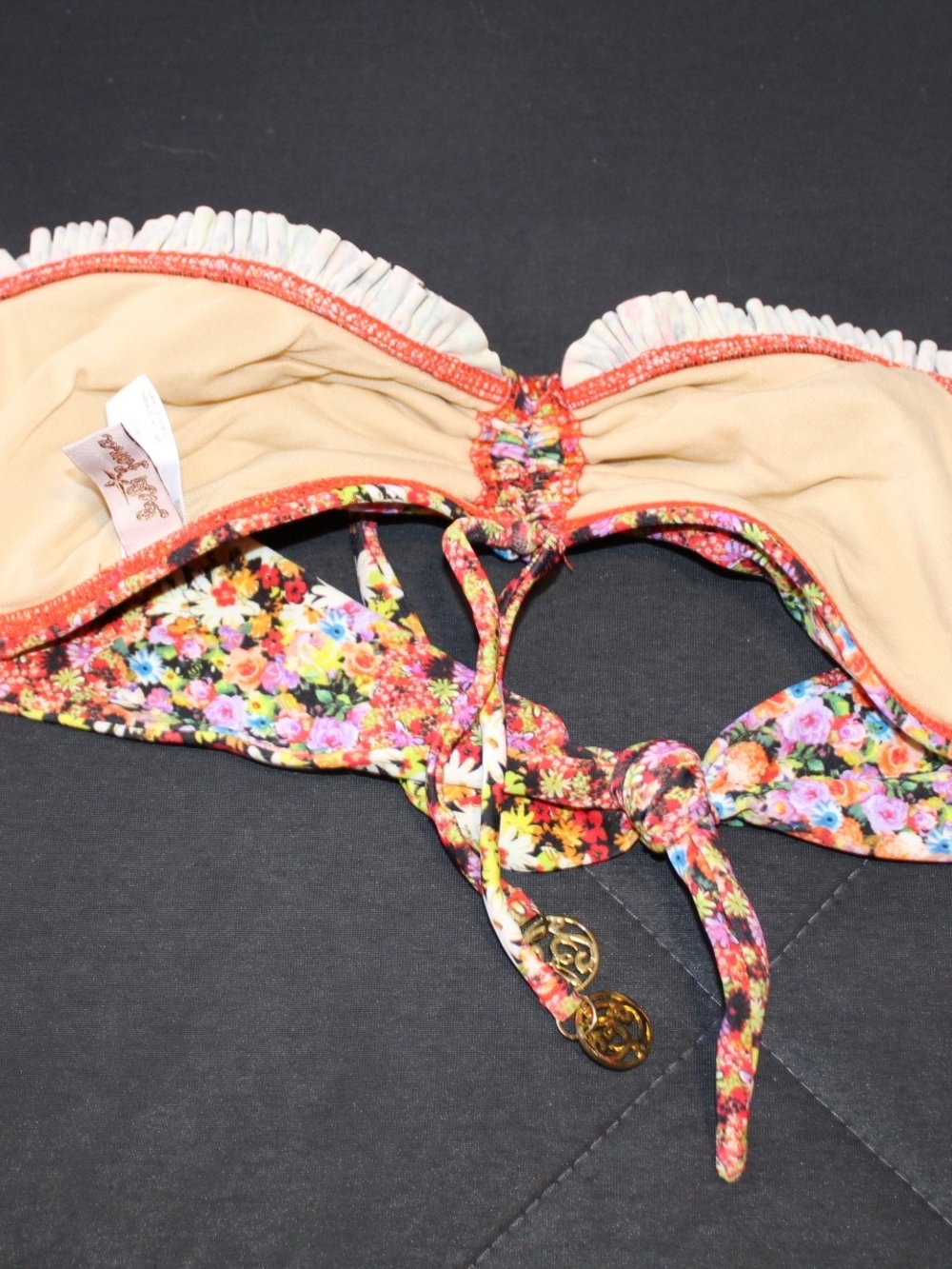 Luli Fama Bright Multicolor Floral Bandeau Bikini Top with Gold Charms - Picture 3 of 7